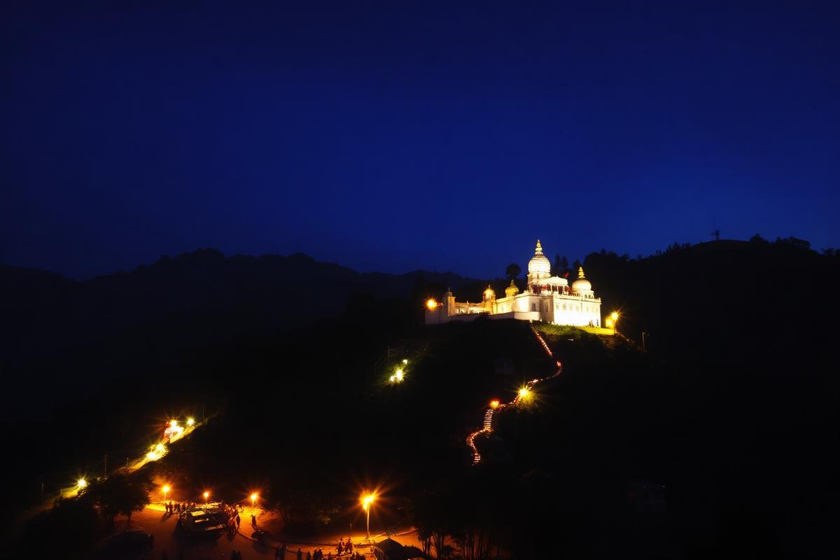 Vaishno Devi temple lit up on the Trikuta hills near Katra